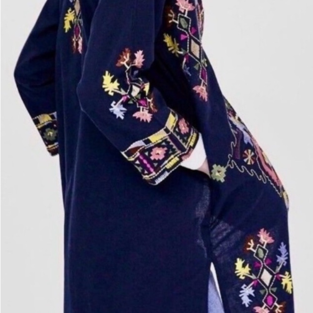 Zara Navy Embroidered Open Front Coat with Multicolor Trim